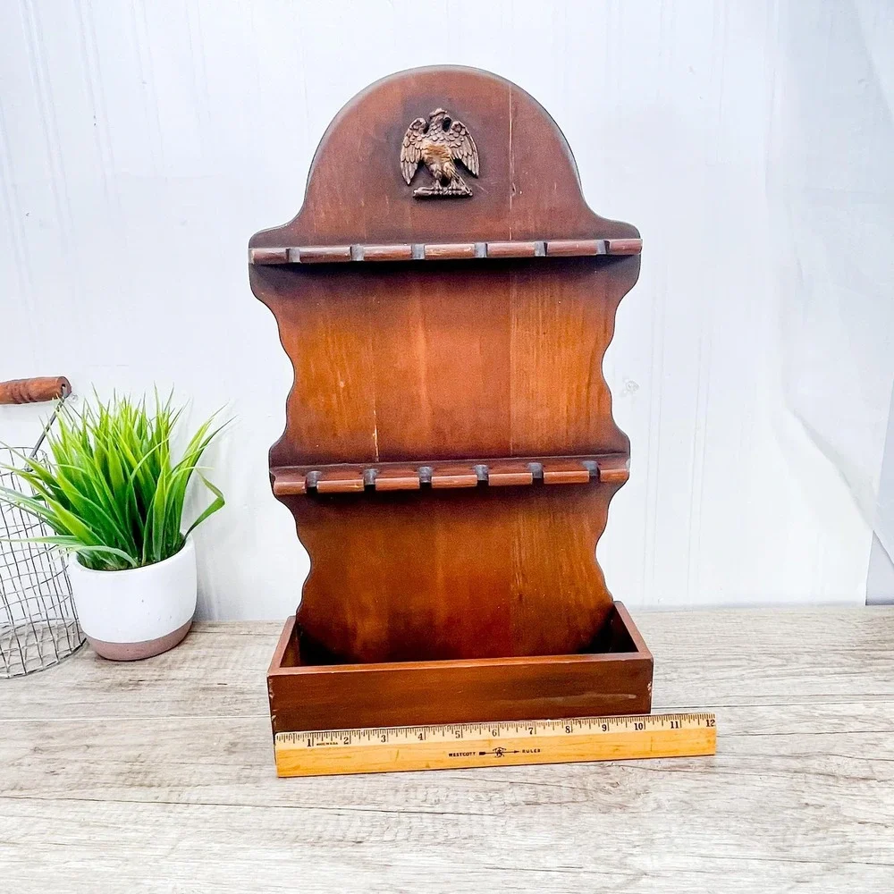 Vintage Wood Spoon Rack - 12 Spoon Display with Pocket Shelf